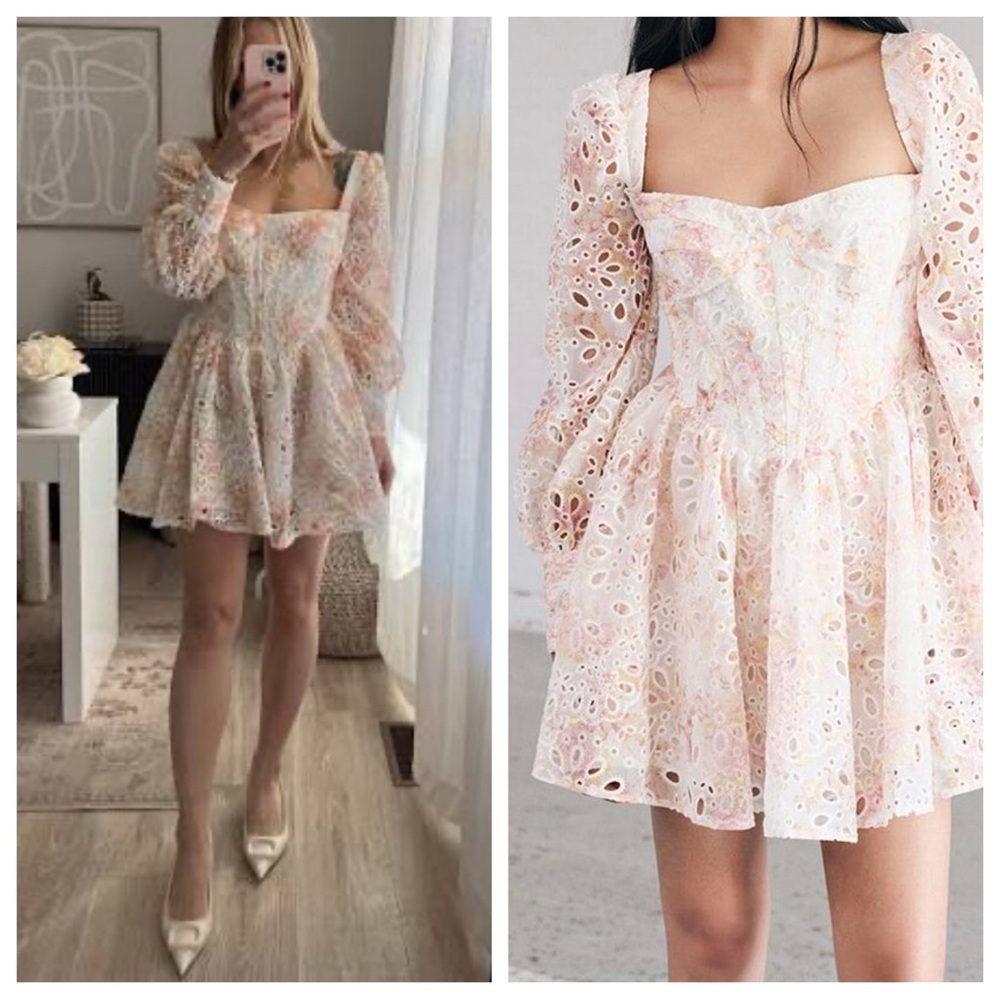 Bardot Cotton Eyelet Puff Sleeve Mini Dress in Pink and Cream
